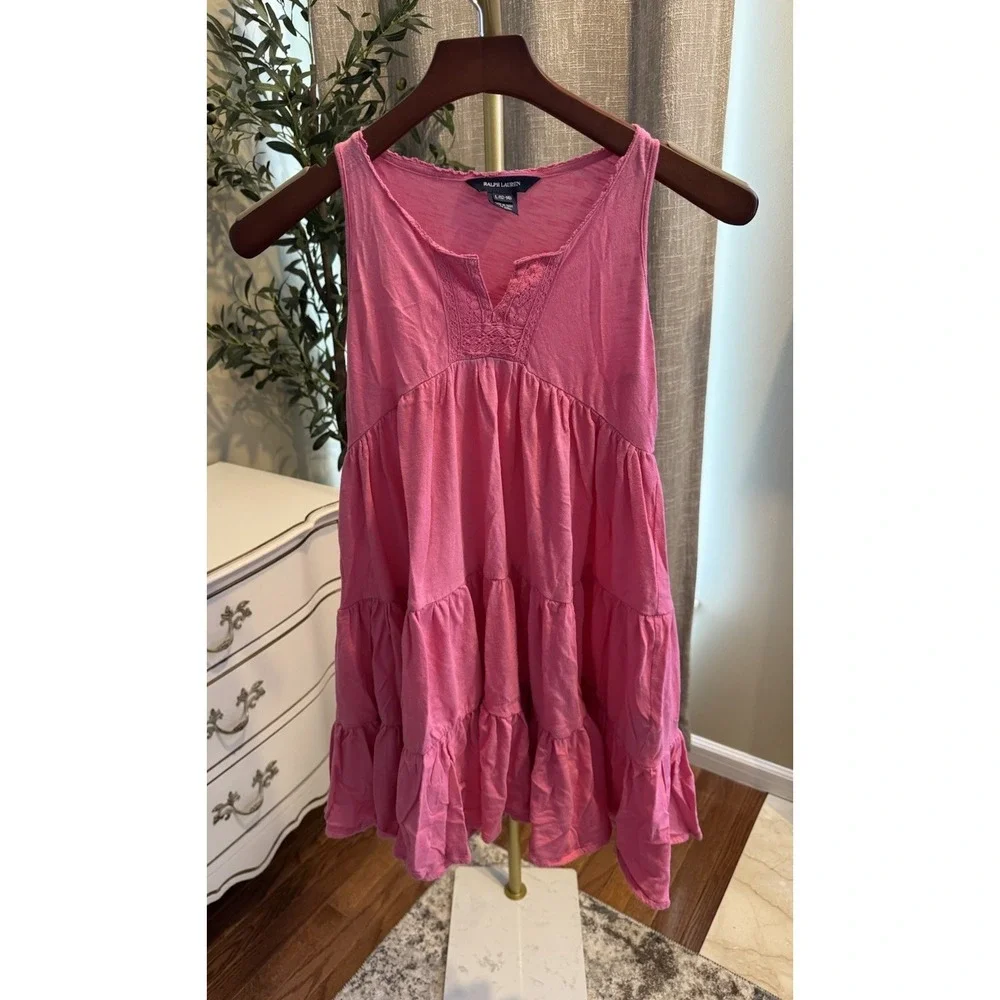Ralph Lauren Girls Pink Tiered Sleeveless Dress Sz Large 12-14 Cotton